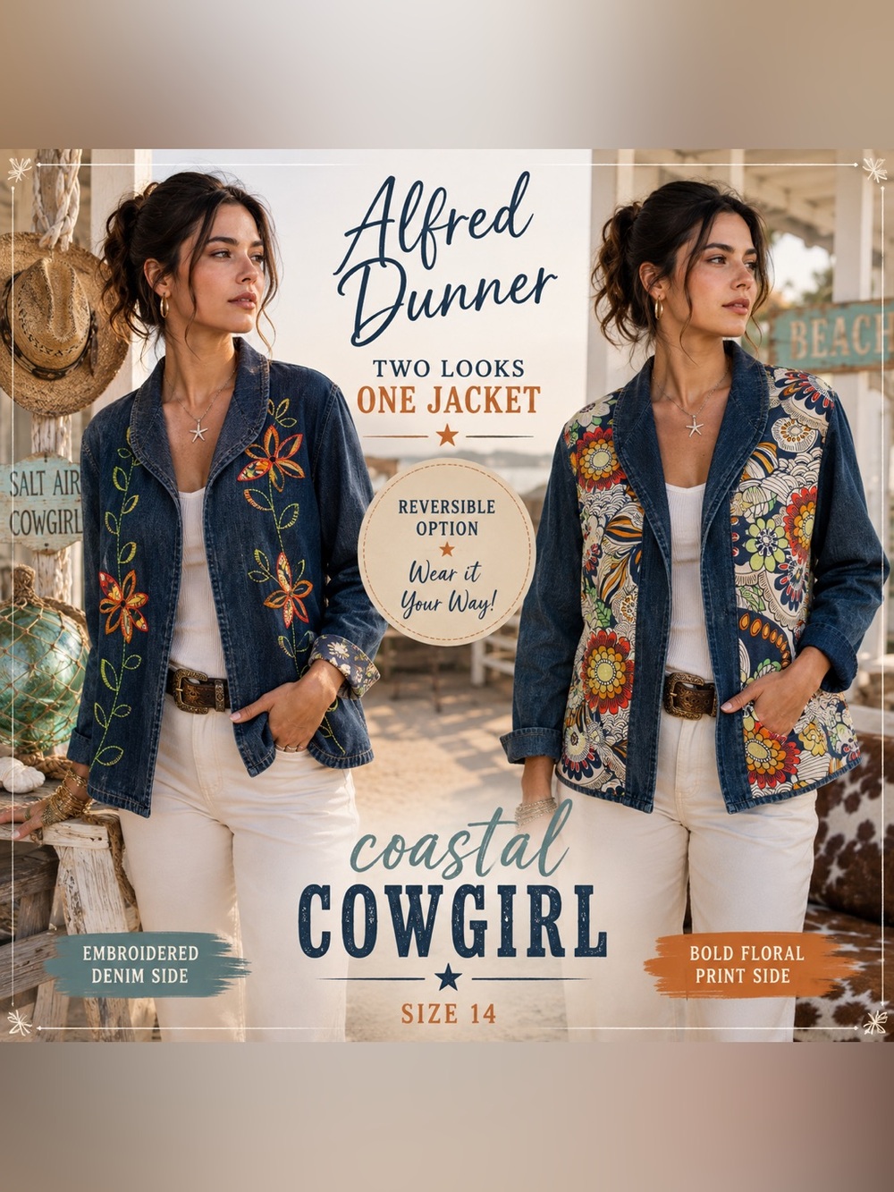 Alfred Dunner Reversible Floral Embroidered Denim Jacket Size 14 Coastal Cowgirl